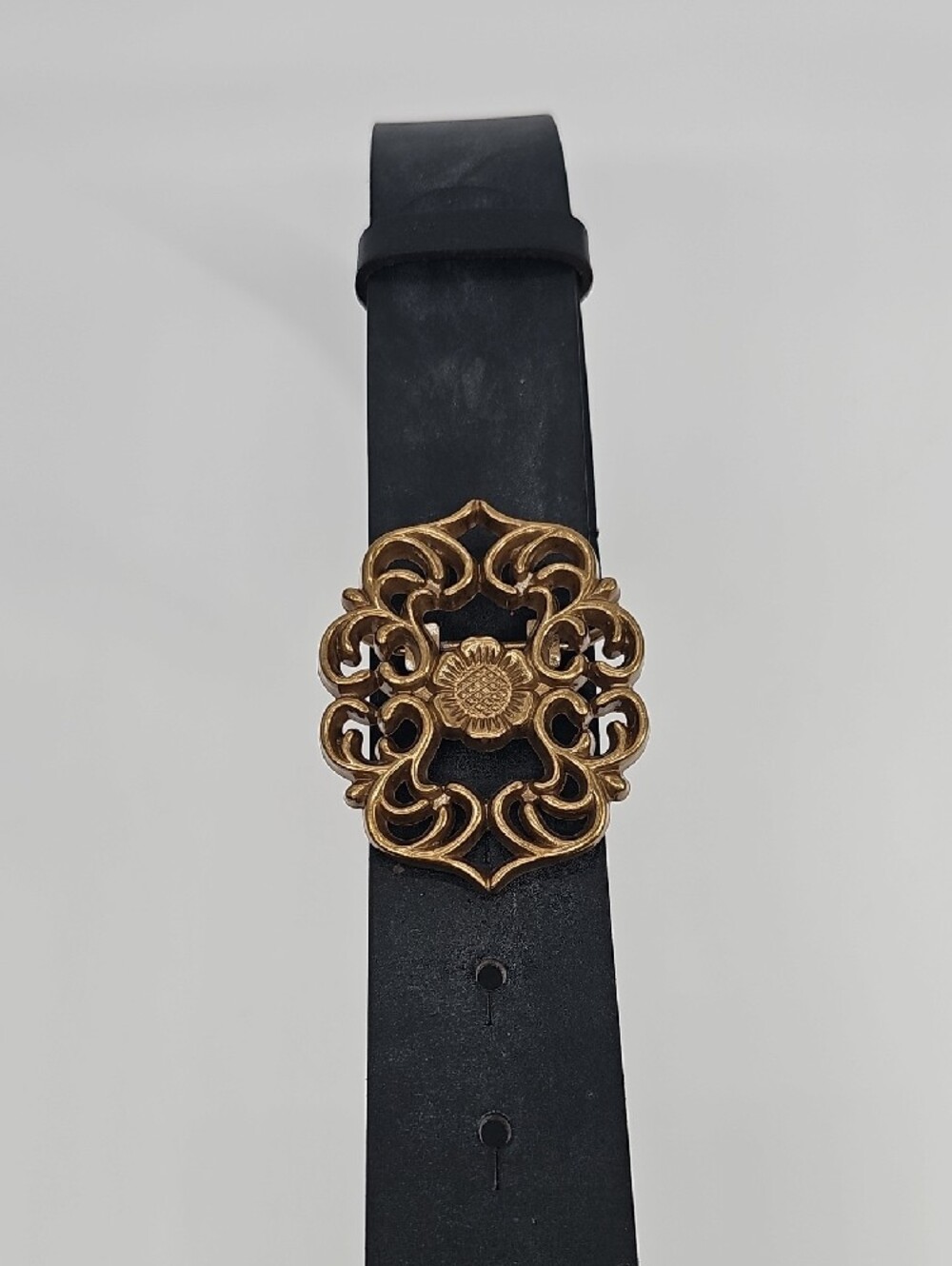 Lascana Black Leather Belt with Ornate Gold Floral Buckle Women's Medium